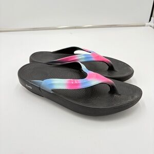 OOFOS OOlala Luxe Recovery Sandals Flip Flops Ombre Tie Dye Pink Blue Women’s 11